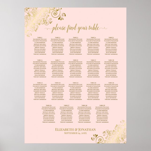 19 Table Blush Pink & Gold Wedding Seating Chart (Front)
