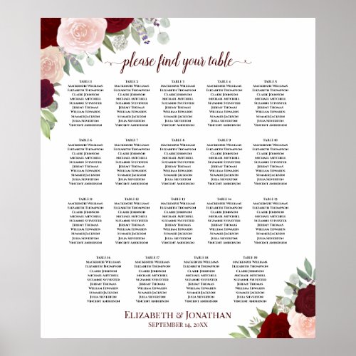 19 Table Burgundy Red  Blush Floral Seating Chart