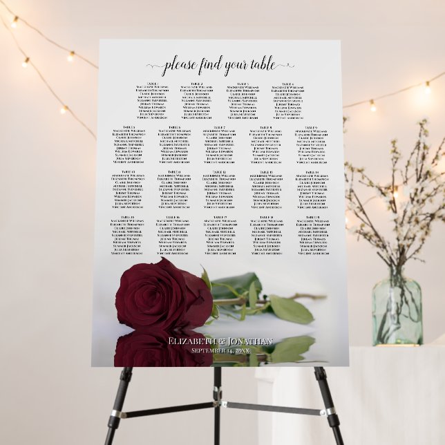 19 Table Burgundy Rose Chic Wedding Seating Chart Foam Board (In Situ (Stand))