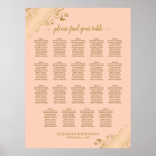 19 Table Coral Peach  Gold Wedding Seating Chart