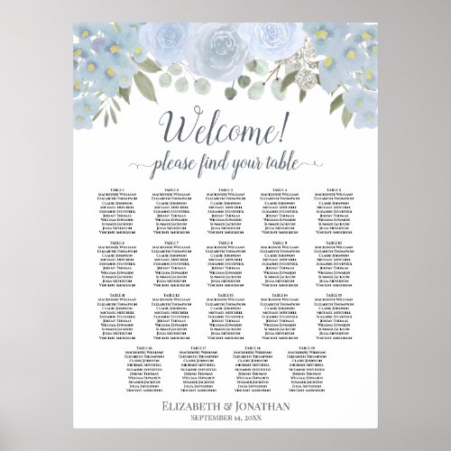 19 Table Dusty Blue Roses Boho Chic Seating Chart