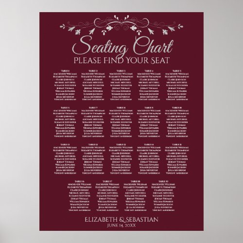 19 Table Elegant Burgundy Wedding Seating Chart