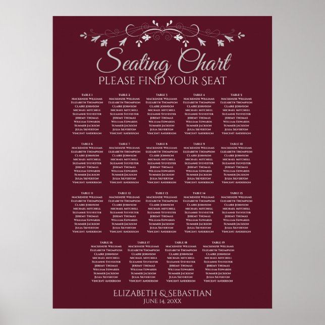 19 Table Elegant Burgundy Wedding Seating Chart (Front)