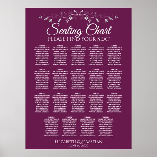 19 Table Elegant Cassis Wedding Seating Chart