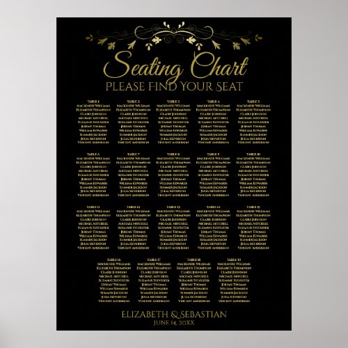 19 Table Elegant Gold Black Wedding Seating Chart