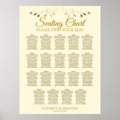 19 Table Elegant Gold Cream Wedding Seating Chart