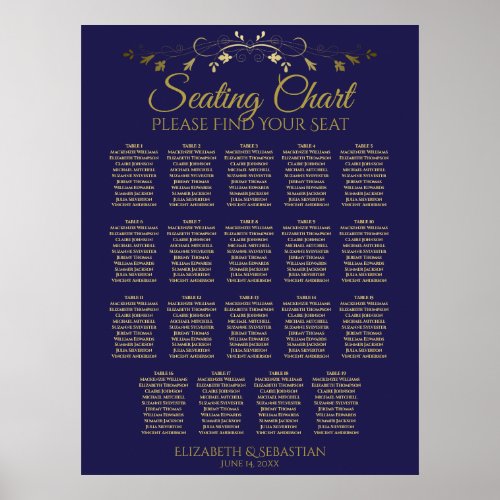 19 Table Elegant Gold  Navy Wedding Seating Chart