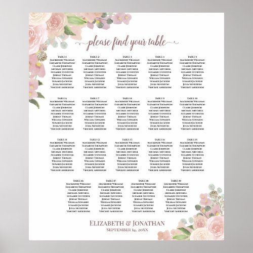 19 Table Elegant Pink Floral Wedding Seating Chart