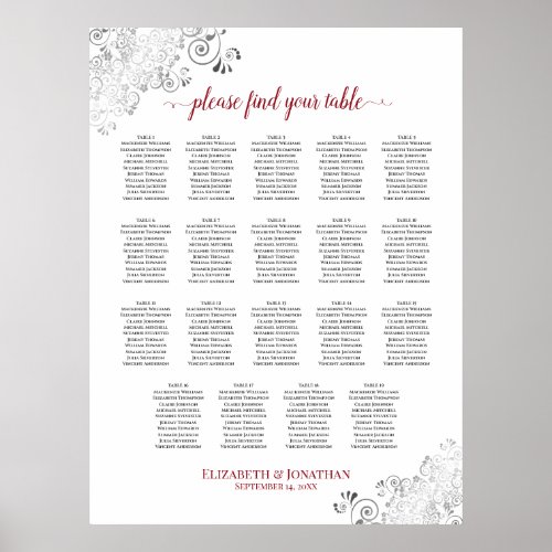 19 Table Frilly Wedding Seating Chart White  Red