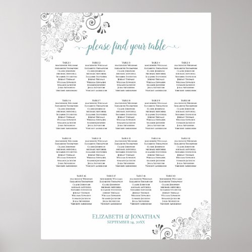 19 Table Frilly Wedding Seating Chart White  Teal