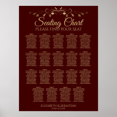 19 Table Gold  Auburn Brown Wedding Seating Chart