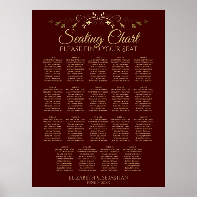 19 Table Gold & Auburn Brown Wedding Seating Chart (Front)