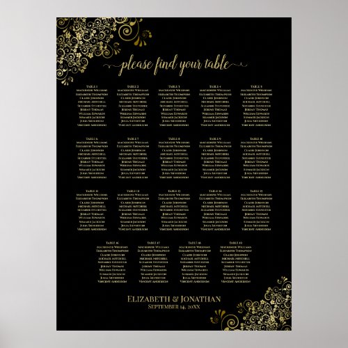 19 Table Gold Frills Black Wedding Seating Chart
