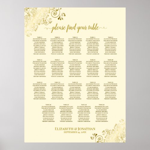 19 Table Gold Frills Cream Wedding Seating Chart