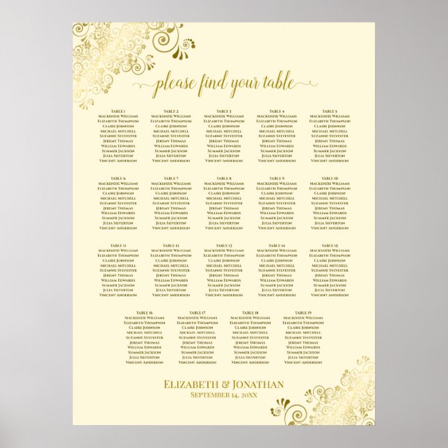 19 Table Gold Frills Cream Wedding Seating Chart (Front)