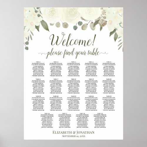 19 Table Ivory White Roses Wedding Seating Chart