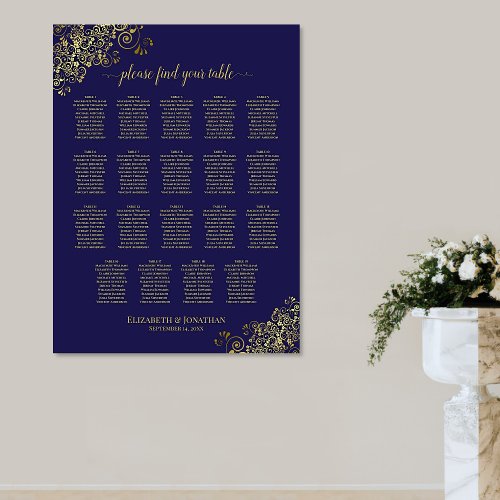 19 Table Lacy Gold Navy Blue Wedding Seating Chart