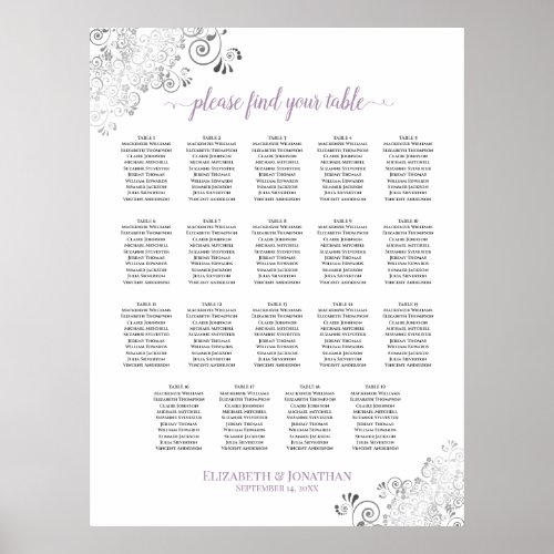 19 Table Lacy Wedding Seating Chart White Lavender