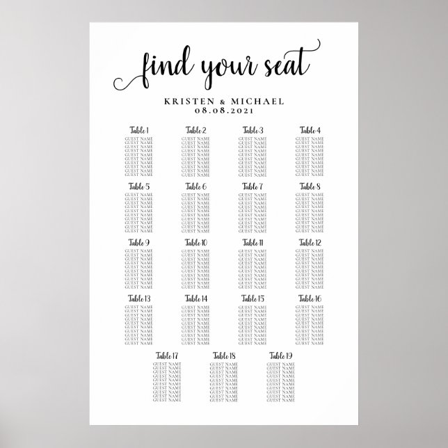 19 Table Large Wedding Guest Seating Chart (Front)