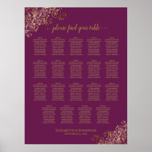 19 Table Magenta Plum & Gold Wedding Seating Chart