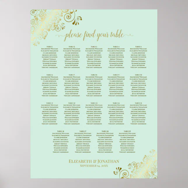 19 Table Mint Green & Gold Wedding Seating Chart Zazzle