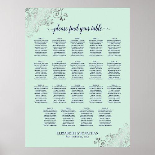 19 Table Mint Green  Navy Wedding Seating Chart