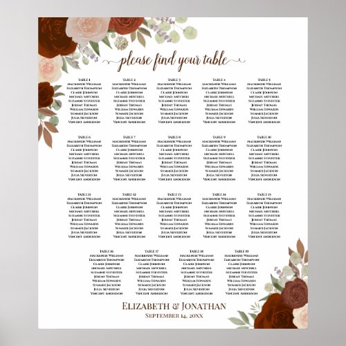 19 Table Orange Fall Floral Wedding Seating Chart