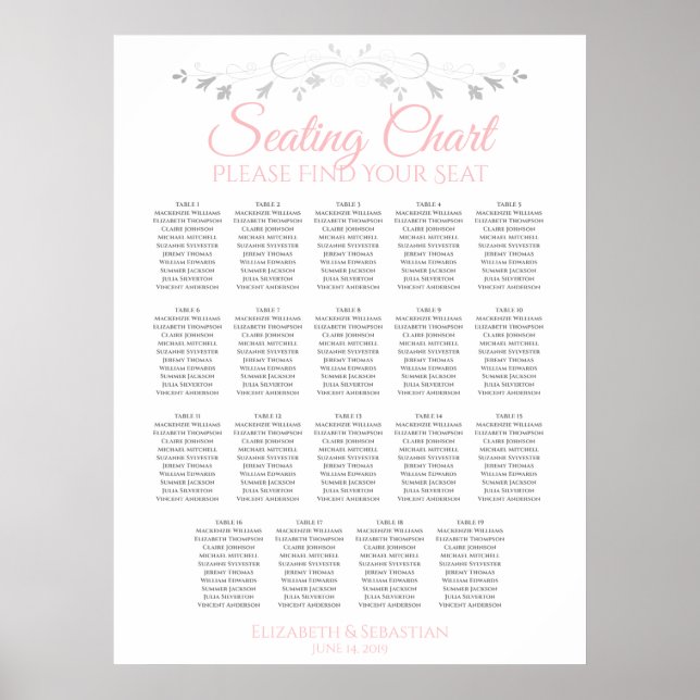 19 Table Pink & Gray Wedding Seating Chart (Front)