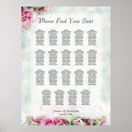 19 Table Pink Roses Peonies Wedding Seating Chart