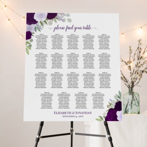 19 Table Purple Boho Roses Wedding Seating Chart Foam Board