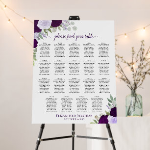 19 Table Purple Boho Roses Wedding Seating Chart Foam Board
