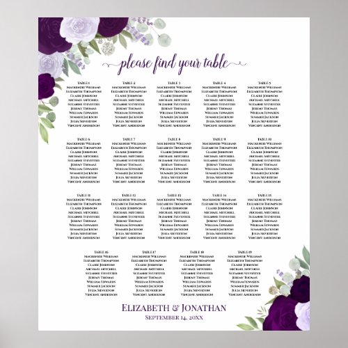 19 Table Purple Floral Chic Wedding Seating Chart