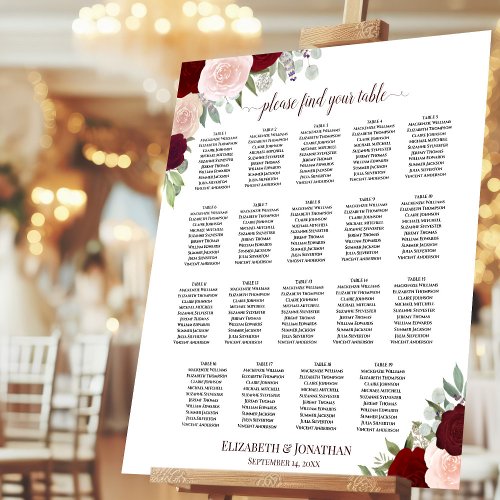 19 Table Red and Pink Roses Wedding Seating Chart Foam Board