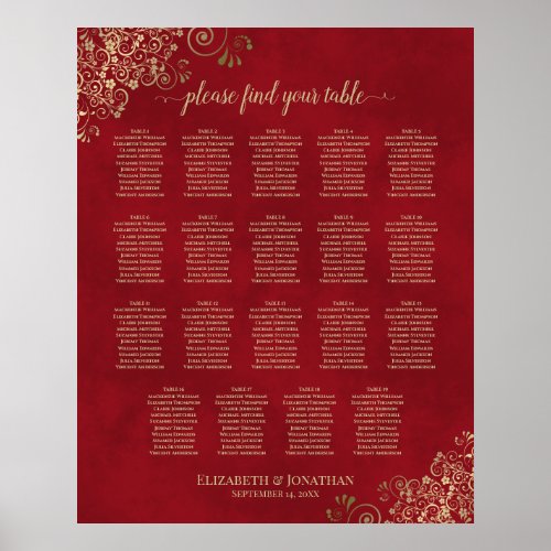 19 Table Red  Gold Frills Wedding Seating Chart