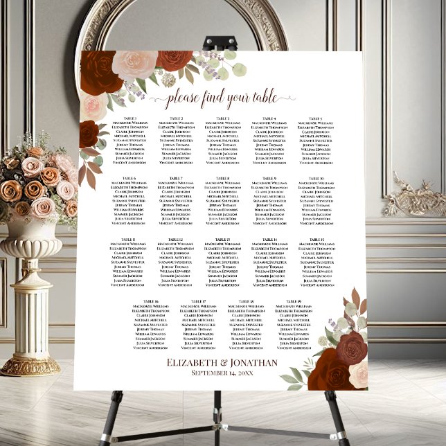 19 Table Rustic Fall Roses Wedding Seating Chart Foam Board (On Stand)