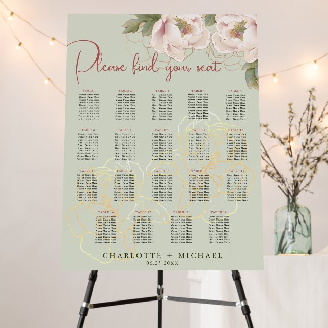 19 Table Sage & Blush Peony Wedding Seating Chart Foam Board (In Situ (Stand))