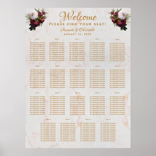 19 Table Seating Chart Wedding Marble Red Peonies