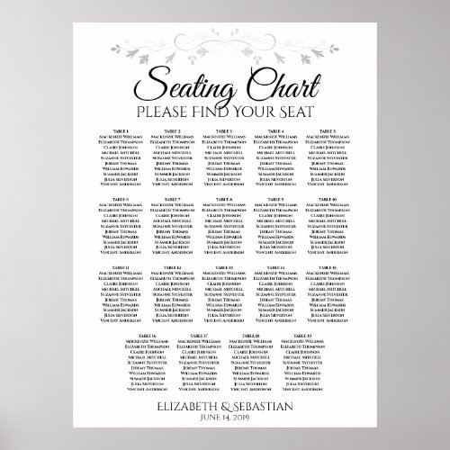 19 Table Silver Filigree Wedding Seating Chart