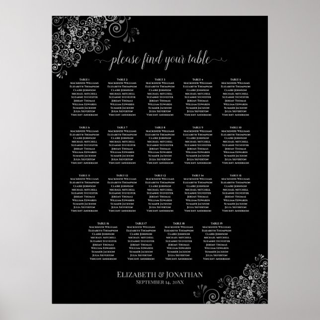 19 Table Silver Frills Black Wedding Seating Chart (Front)