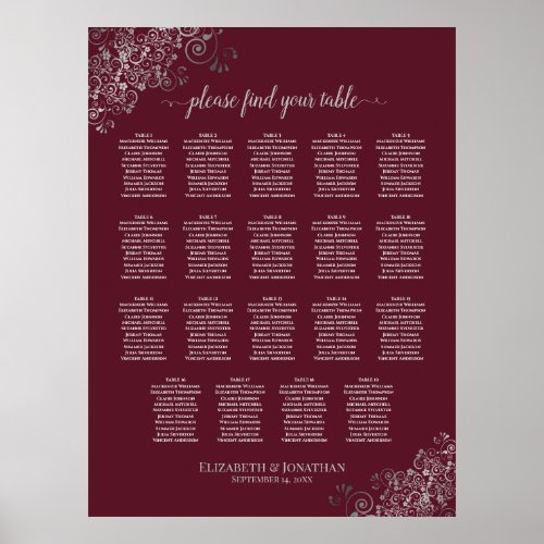 19 Table Silver on Burgundy Wedding Seating Chart