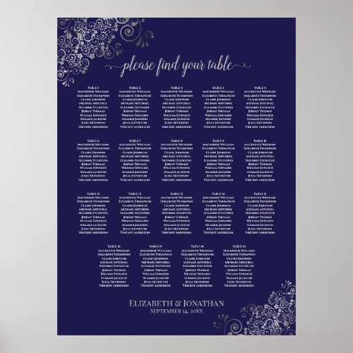 19 Table Silver on Navy Blue Wedding Seating Chart