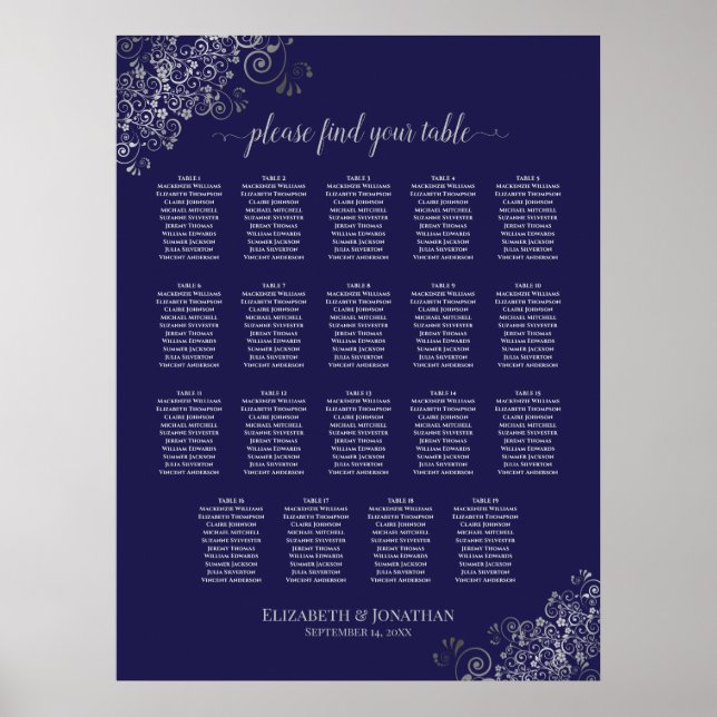 19 Table Silver on Navy Blue Wedding Seating Chart (Front)