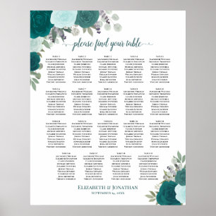19 Table Teal & Aqua Floral Wedding Seating Chart