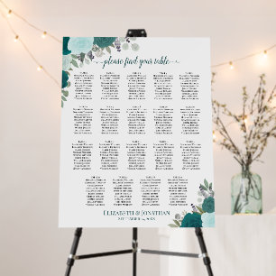 19 Table Teal Boho Roses Wedding Seating Chart Foam Board
