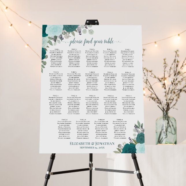 19 Table Teal Boho Roses Wedding Seating Chart Foam Board (In Situ (Stand))