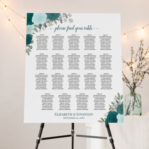 19 Table Teal Boho Roses Wedding Seating Chart Foam Board