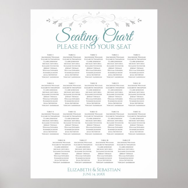 19 Table Teal & Gray Wedding Seating Chart (Front)