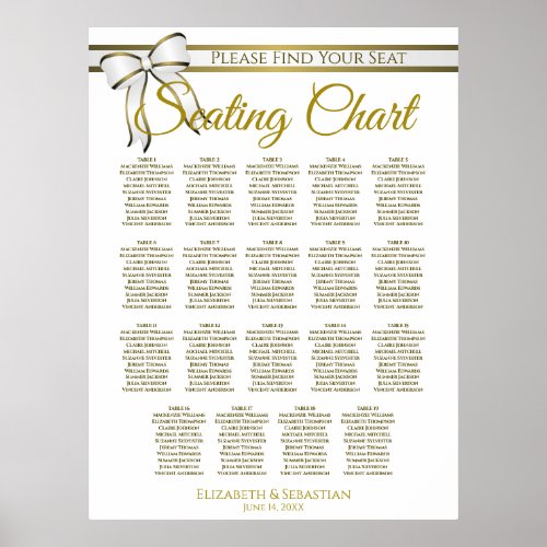 19 Table White  Gold Ribbon Wedding Seating Chart