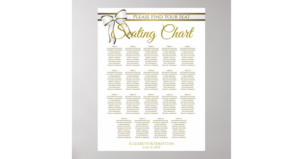 19 Table White & Gold Ribbon Wedding Seating Chart Zazzle