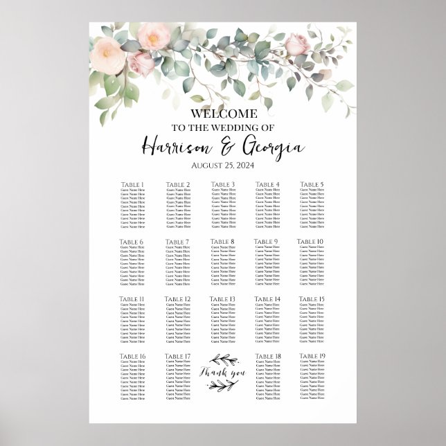 19 tables greenery & roses wedding seating chart (Front)